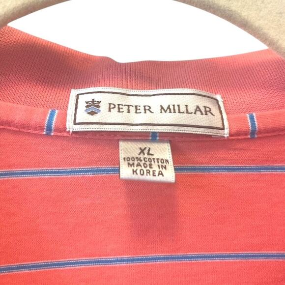 Peter Millar Men's Size XL Cotton Golf Polo Coral with Blue Stripes - Picture 5 of 6
